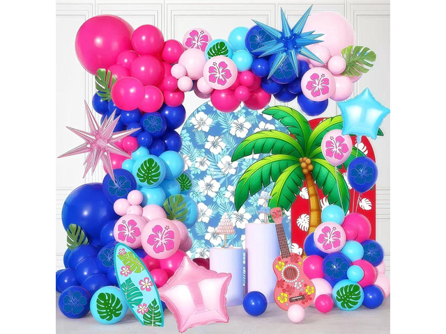 141 PCS Blue Pink Light Blue Balloon Garland Arch Kit, Hawaiian Cute Print Balloons for Cartoon Themed Birthday Party Decorations Boys Girls...