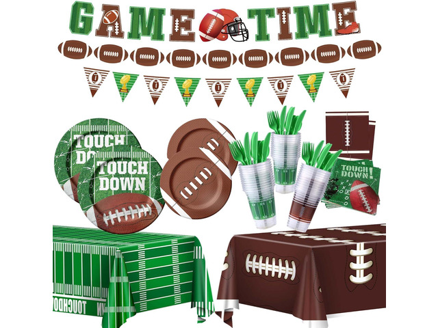 173PCS Football Party Supplies Kit for 24 Guests - Football Birthday Supplies with Paper Plate Napkin Big Cup Cutlery Banners Touchdown Tablecloth...