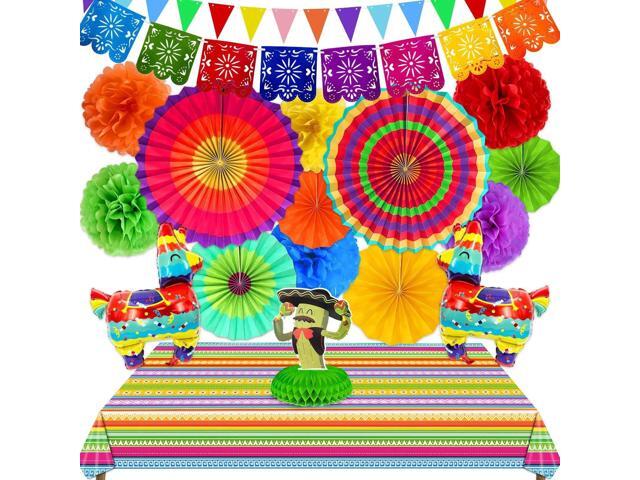 7 Varieties - 33Pcs Cinco De Mayo Fiesta Party Decorations, Mexican Party Supplies, Paper Fans Pom Poms Table Cover Llama Balloons Pennant Papel...