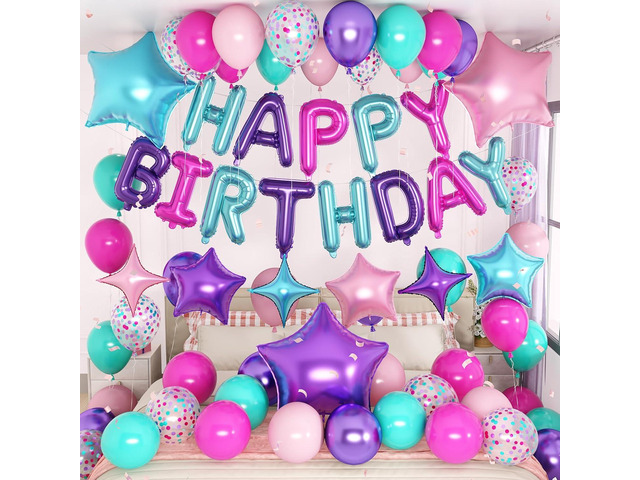 Pink Purple Blue Birthday Decorations Hot Light Pink Metallic Purple Teal Confetti Balloon Happy Birthday Banner Heart Foil Balloons 18/10 Inch...