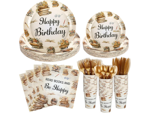 Zhehao 168 Pcs Book Theme Party Tableware Book Club Birthday Party Supplies Library Reading Themed Plates Napkins Cups and Forks Set for Reading...