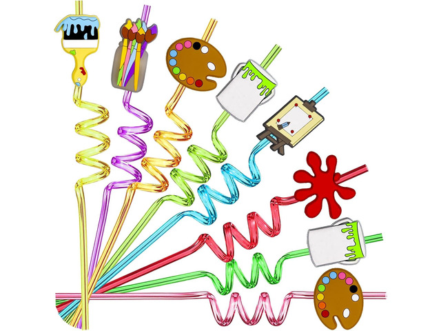 24pcs Art Painting Curly Straws for Cocktail Drink and Brushes Pad Paint Birthday Party Supplies Decorations Welcome Back to School Art Painting...