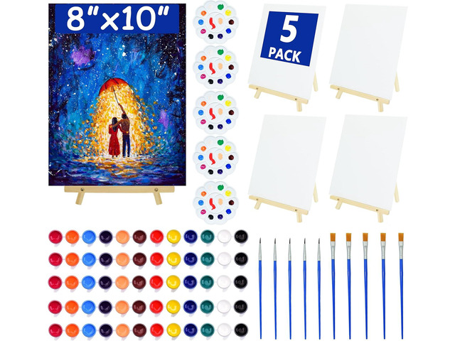 5 Pack 8x10 Inch Canvas and Easel Set, Sip and Paint Kit for Adults,Art Canvas Bulk with Easels Stands, Trays,Small Paint Brushes,12 Colors Mini...