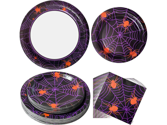 75pcs Spider Party Supplies - Disposable Spider Web Paper Plates & Napkins (25pcs 9' & 7' Plates, 25pcs Napkins) for Birthdays, Halloween,...