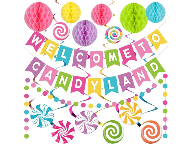 Pasimy Candy Land Party Decoration Welcome to Candy Land Banner with Colorful Honeycomb Balls Candyland Decor Garland Hanging Swirls Set Lollipop...