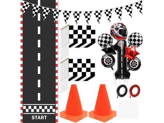 Windspeed Race Car Party Supplies, 38 Pcs Set: 24 Checkered Flags, 12 Mini Traffic Cones, 6.5Ft Racetrack Mat, 9.8Ft Hanging Flag, Birthday.