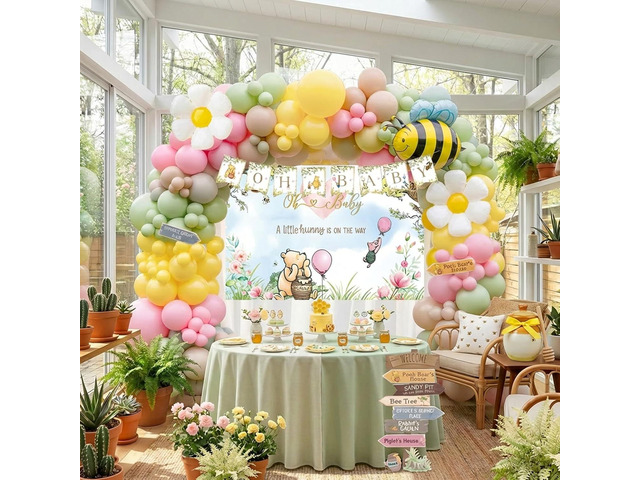 Winnie Balloon Arch Kit with Arrow Signs Banner backdrop Bee daisy Balloon for Classic Bear theme Decorations pink and Yellow Balloons for...