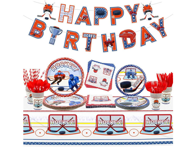 Hockey Party Supplies - Ice Hockey Birthday Party Set Including Plates, Cups, Napkins, Tableware, Tablecloth, Banner for Kid's Hockey Fans Birthday...