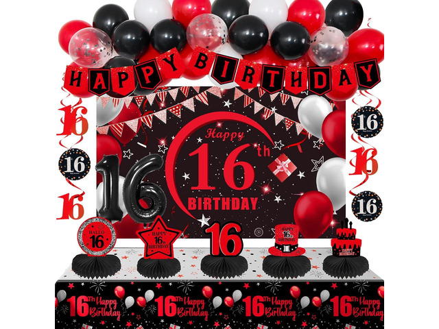 16th Birthday Decorations for Boys Girls Red Black, Sweet 16 Party Decorations with Happy 16th Birthday Banner Backdrop 16 Balloon Numbers...