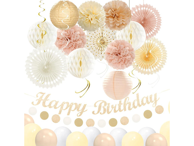 Champagne-Gold Pink Birthday Decorations for Women Girls,Pre-Strung Happy Birthday Banner,Boho Peach Paper Lanterns Tissue Pom Poms Fan,Cream White...
