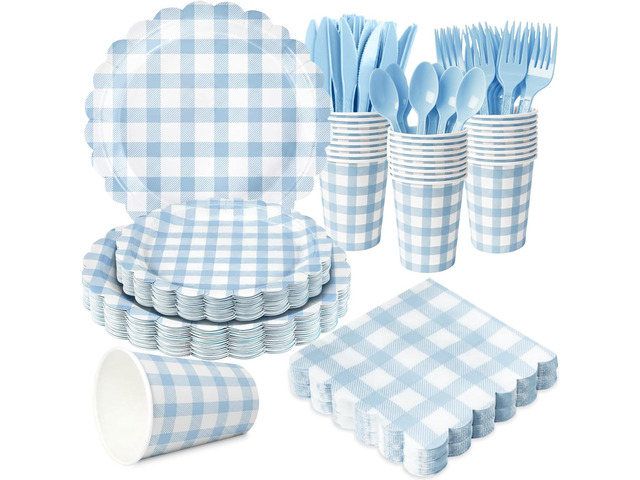175 PCS Blue Gingham Party Supplies Includes Light Blue Gingham Paper Plates, Cups, Napkins, Cutlery for Wedding Bridal Shower Birthday Baby Shower...