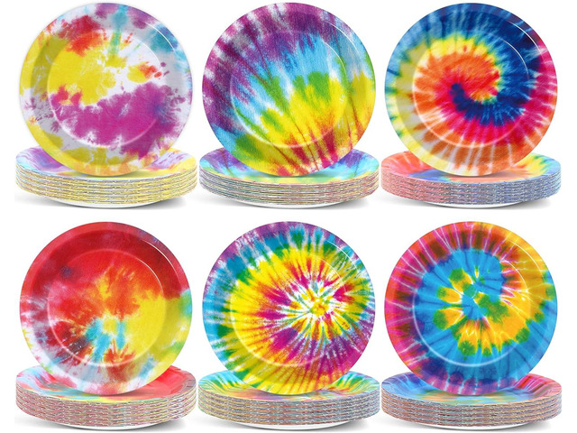 Naozinebi 72PCS Tie Dye Birthday Plates Tie Dye Party Decorations Colorful Tableware Rainbow Plates Disposable Paper Plate Dessert Plates for Boys...