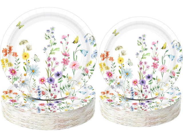 Funnymoom 60 Pcs Wildflower Paper Plates 9 in and 7 in Spring Floral Disposable Party Plates Wildflower Butterfly Dessert Tableware for Wedding...