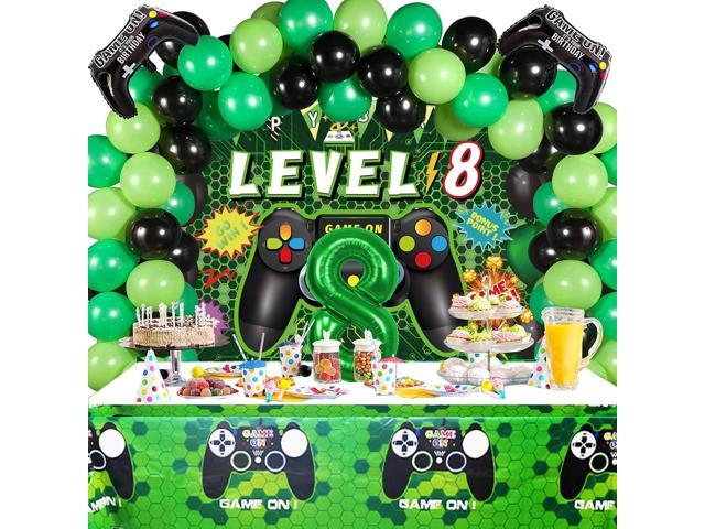 Vlipoeasn 90PCS 8th Birthday Video Game Party Decorations for Boys, Green 8th Birthday -Video Game Backdrop, Balloons, Tablecloth, Gamer and 8 Foil.