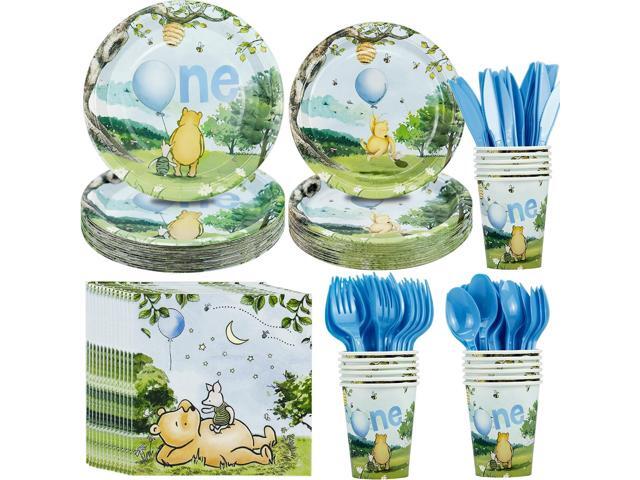 Winnie 1st Birthday Decorations - Boy's First Birthday Party Supplies, Tableware Set for 24, Includes Plate, Napkin, Cup, Cutlery, Bear Party...