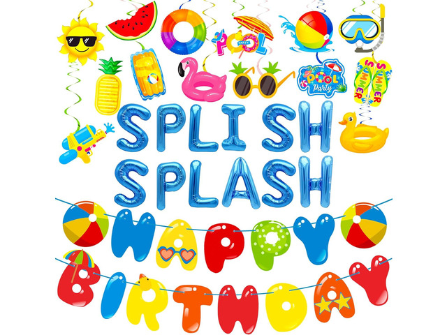 Splish Splash Birthday Bash Party Supplies Splish Splash Balloons Beach Happy Birthday Banner Summer Pool Party Hanging Swirls for Boys Hawaiian...