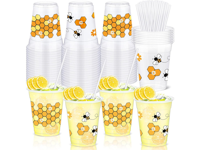Sliner 50 Pcs Clear Honey Cups - 12 oz Disposable Drinking Cups with Straws - Bee Theme Party Favors for Kitchen, Baby Shower