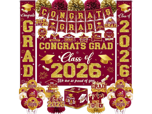 2026 Graduation Decorations - Red Congrats Grad Party Supplies include Card Box, Backdrop, Banner and Balloons for Class of 2026 Decorations Set