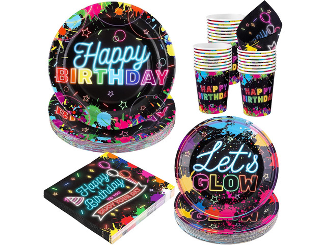 Durony 100 Piece Neon Glow Party Supplies - Glow In Dark Tableware Set Includes Paper Plates, Cups, Napkins - Neon Birthday Party Decorations -...