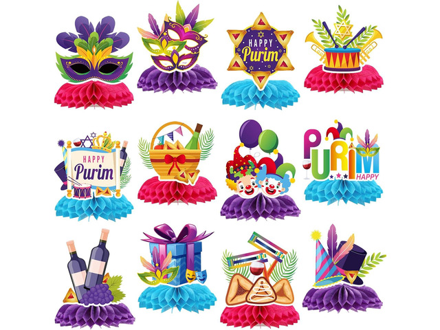 Happy Purim Decorations for Party - 12PCS Purim Party Honeycomb Centerpieces Table Decor, Jewish Groggers Hamantaschen Festival Holiday Carnival...