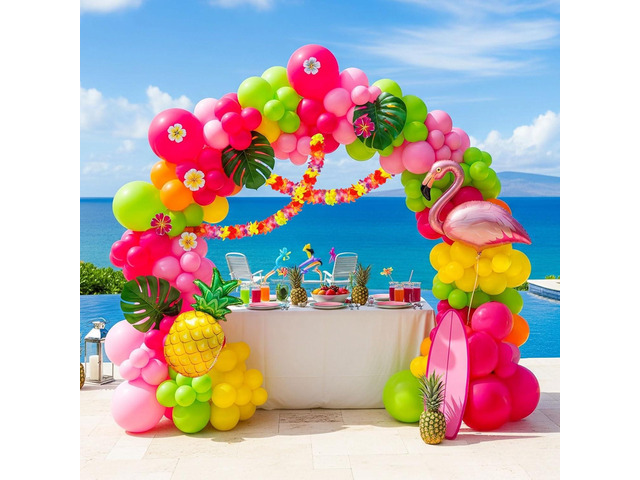 Summer Tropical Balloon Arch Kit Hot pink yellow orange Balloon Luau Flower Card Sticker palm leaves Hawaiian leis For Baby Shower Flamingo Pool...