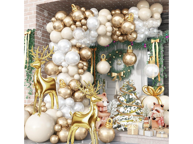 Christmas Balloon Arch Garland Kit, Pearl White Sand Metallic Gold Transparent Long Latex Xmas Balloon with Elk Foil Balloons for Christmas...