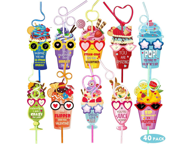 Ferraycle 40 Sets Valentines Day Cards with Class Crazy Straws for Kids Valentine Party Favor for Girls Boys Classroom Kindergarten Gift Exchange...