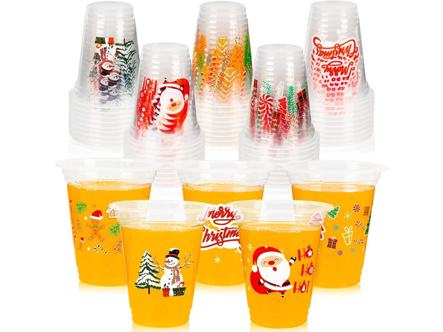 GuassLee Christmas Disposable Cups - 50 Pack 12 OZ Clear Disposable Christmas Plastic Cups Set with 5 Styles Patterns for Kids Adults Xmas Party...