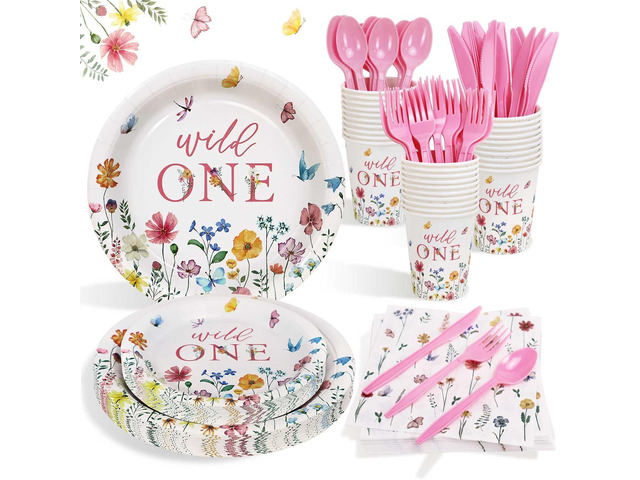 Wild and Onederful 1st Birthday Girl Plates Set 25 Guests,Spring Wildflower Wild One First Onederful Birthday Party Decorations Floral Paper Plates...