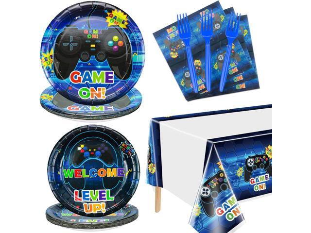 Video Game Party Supplies Serve 20-81Pcs Plates Napkins Tablecloth Forks Set for Boys Gaming Controller Party Decorations