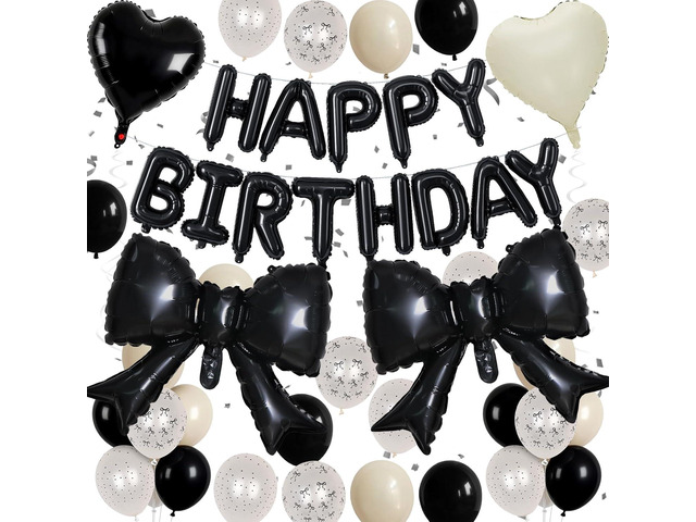 Black White Bow Birthday Decorations Black Sand White Cream Pearl Polka Dot Bows Print Balloon Happy Birthday Banner 38 In Coquette Foil Balloons...