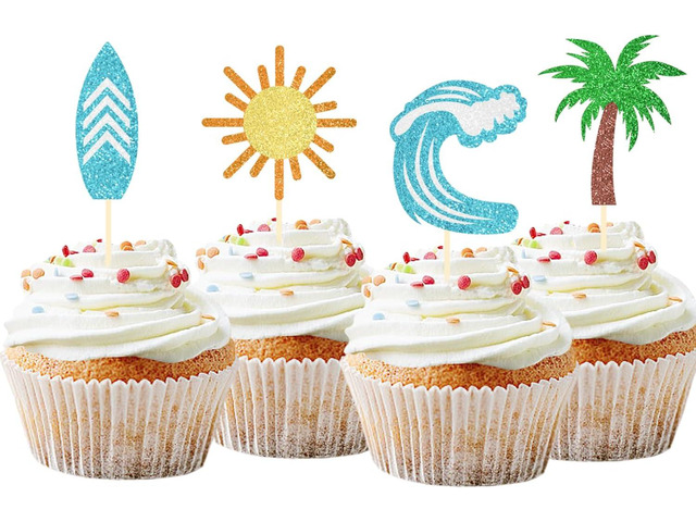 24 Pack Surfing Cupcake Toppers Glitter Summer Theme Surfboard Beach Cake Decorations Picks for Summer Beach Party Birthday Party Supplies (Surfing)