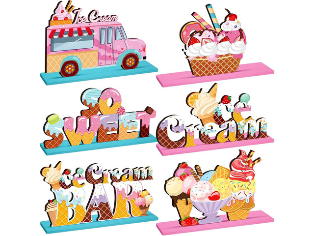6 Pcs Ice Cream Table Wooden Decorations Ice Cream Sign Centerpiece Summer Home Decor Bar Party Decorations for Kids Birthday Party Summer Wedding...