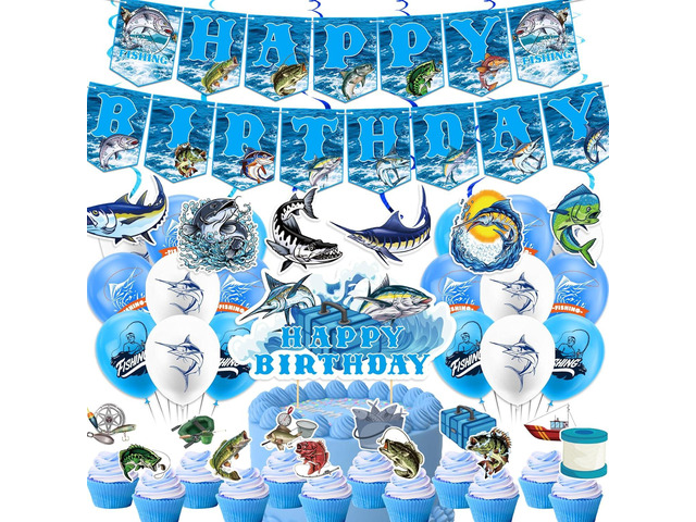 Gone Fishing Party Decorations Gone Fishing Birthday Party Supplies Includes Fishing Happy Birthday Banner Cake Topper Hanging Swirls Cupcake...