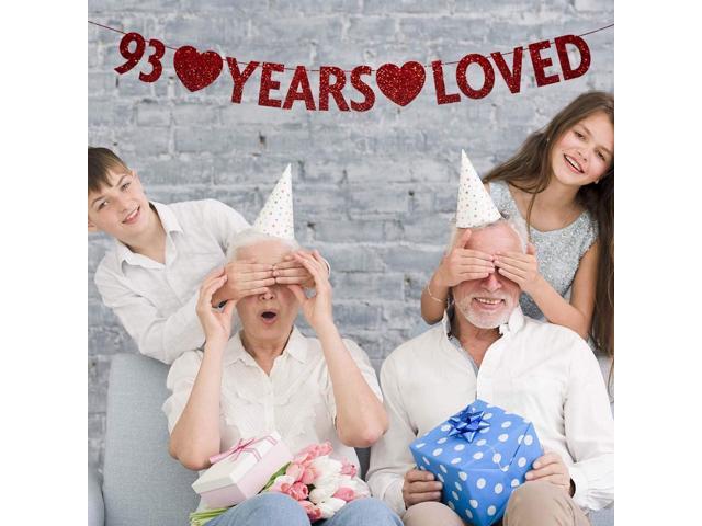 Red 93 Year Loved Banner, Red Glitter Happy 93rd Birthday Party Decorations, Supplies