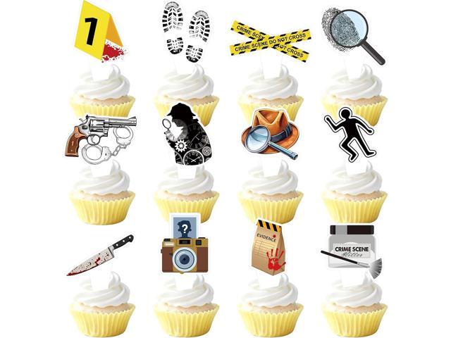 48 PCS Murder Mystery Happy Birthday Cupcake Toppers Detective Theme Party Decorations Crime Scene Cake Decor Cupcak Decorations Cake Decorating...