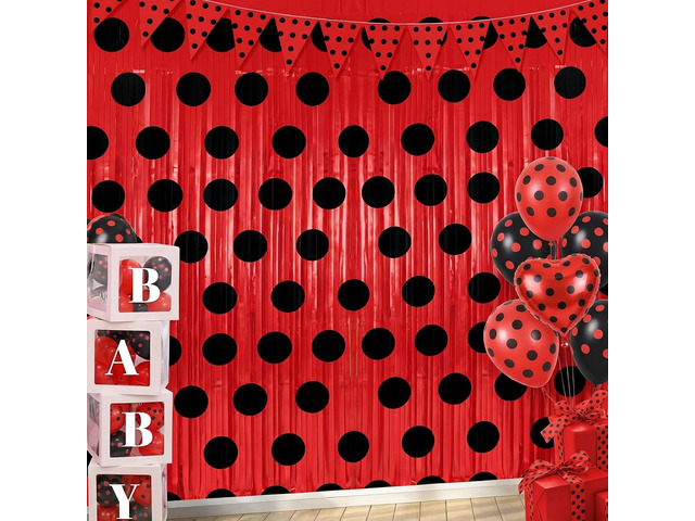 Tiamon 2 Pack Ladybug Party Decorations 3.3 x 6.6 Ft Foil Fringe Curtains Backdrop Black and Red Polka Dots Tinsel Streamers Photo Booth for Baby...
