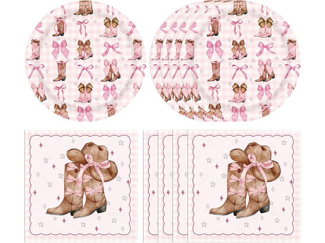 Coquette Bow Cowgirl Paper Plates Tableware Set 40PCS Western Cowgirl Birthday Party Supplies Pink Bowknot Boots Rodeo Bachelorette Party Plates...