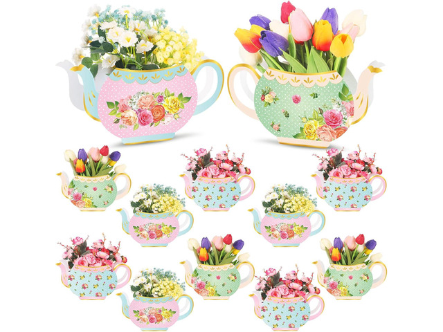 Ireer 12 Pieces Tea Party Centerpieces for Table Spring Party Decorations Teapot Princess Flower Centerpieces for Floral Tea Themed Birthday...