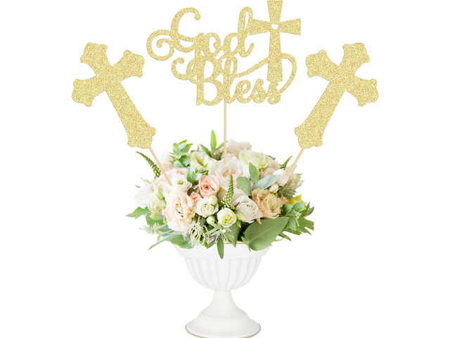 Gyufise 12Pcs God Bless and Cross Centerpiece Sticks Double Sided Cross God Bless Table Flower Centerpieces Sticks First Communion Baptism...