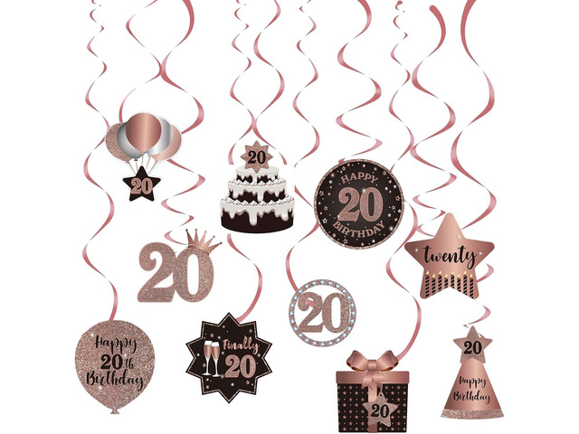 Happy 20th Birthday Party Hanging Swirls Streams Ceiling Decorations, Celebration 20 Foil Hanging Swirls with Cutouts for 20 Years Old Rose Gold...