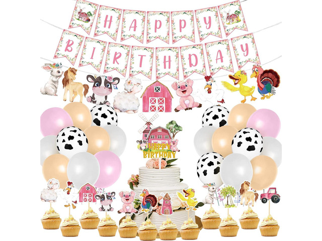 58 Pcs Pink Barnyard Farm Birthday Party Supplies for Girls, Farm Animal Themed Decorations with Happy Birthday Banner, Cow Print Balloons, Cupcake...