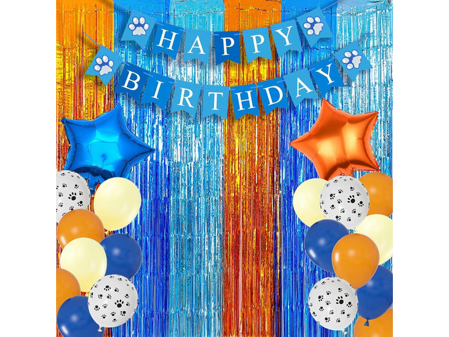 Blue Dog Birthday Party Supplies - 2Packs Orange Light blue Foil Fringe Curtains, 1Pack blue Dog Birthday Banner & 22pcs Themed Party Balloons,...