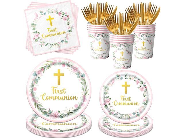 First Communion Decorations for Girls, First Communion Plates and Napkins Pink Primera Comunion Decoracion First Communion Party Supplies for First...