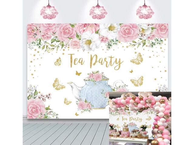 Tea Party Backdrop Pink Rose Floral Gold Butterfly Teapot Let's Partea Background Spring Girl Princess Wonderland Afternoon Tea Cake Table...