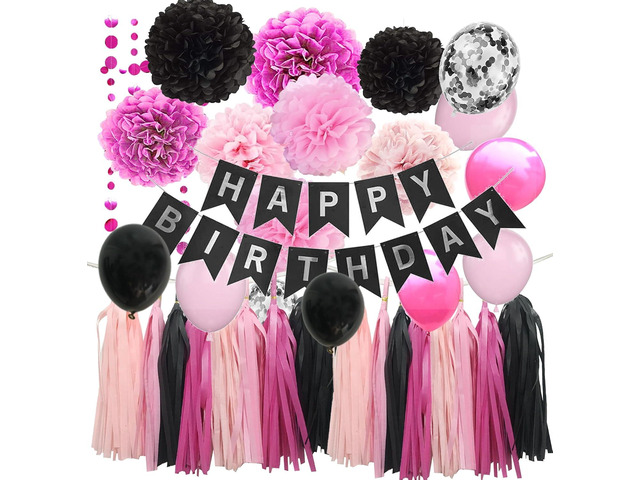 Hot Pink Birthday Decorations for Girls Women - Happy Birthday Banner with Party Balloons and Tassel Circle Garland Paper Flowers Supplies (Black...