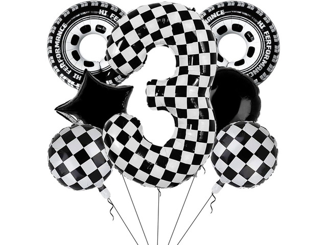 40 Inch Checkered Number 3 Balloon Large Black and White Race Car Birthday Balloons Inflatable Tire Balloons for 3rd Birthday Racing Theme Party...