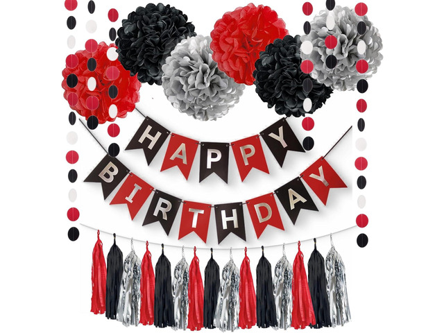 24PCS Red Black Silver Birthday Party Streamers Backdrop Decorations for Adult Women Men 21st 30th 40th 50th 60th 70th Birthday Banner Party Table...