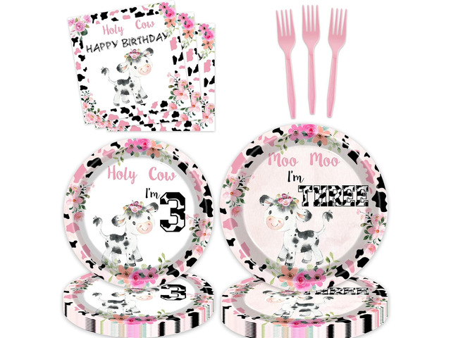 80 Pcs Holy Cow I'm Three Girls Birthday Decorations Moo Moo I'm Three Paper Dinner Plates Napkins Forks Dinnerware for Farm Animals Cow Themed...