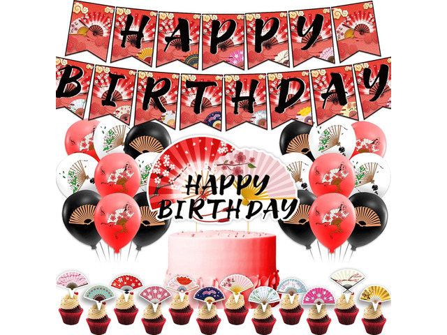 Party Decorations Folding Fans - Birthday Party Supplies Includes Chinese, Japanese Fans, Birthday Banner, Cake Topper, Cupcake Toppers, Balloons